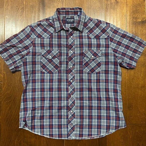 Wrangler Western Pearl Snap Plaid Red Blue Short Sleeve Shirt Men's Size XL - Picture 3 of 7